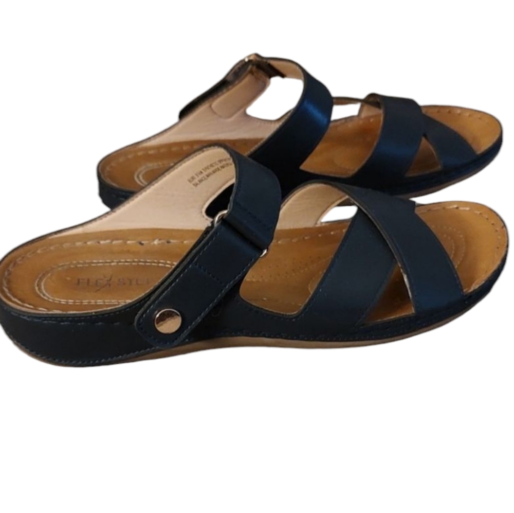 Black Flex Step Slip On Sandals With Velcro Closure Sz 9.5